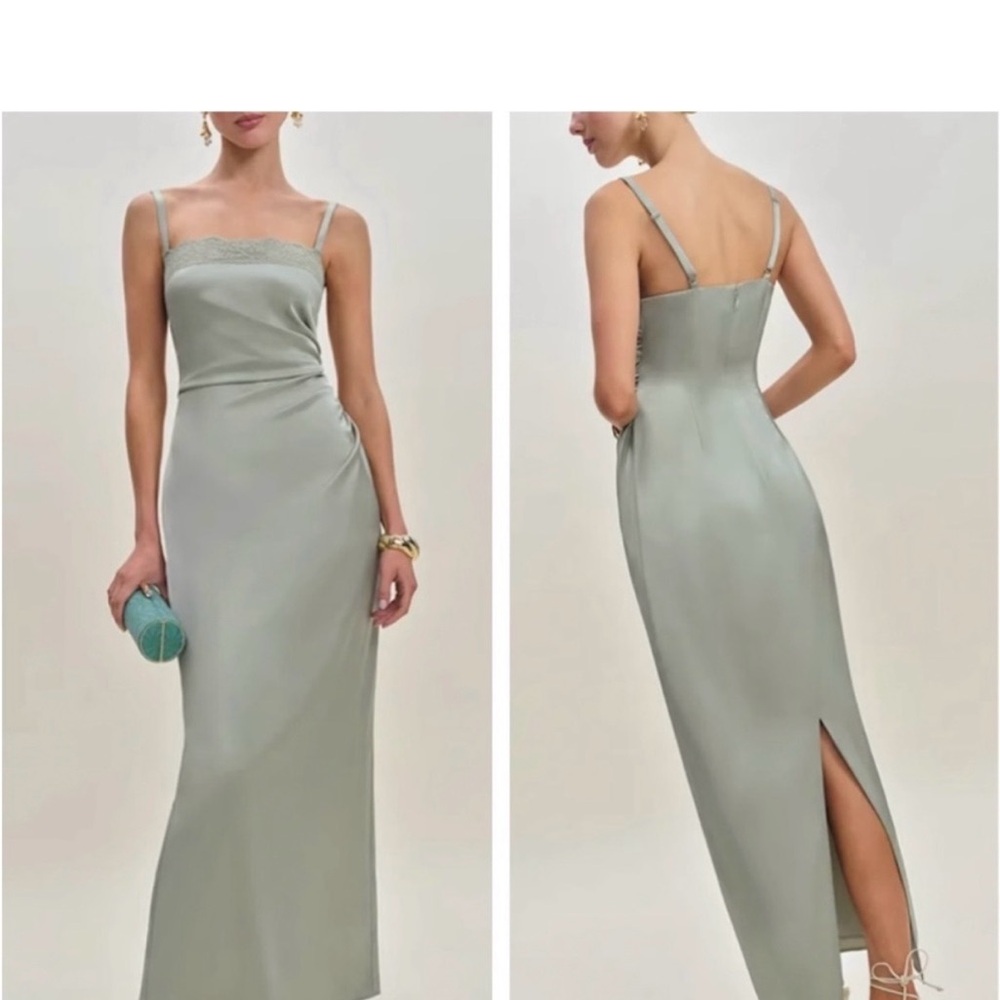 Reformation Vesper Green Satin Slip Dress with Lace Trim (worn once, dry cleaned